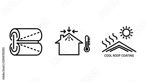 Collection of construction and energy efficiency icons for roof coating with insulation efficiency temperature construction maintenance protection building reflective material renovation