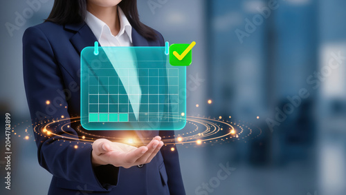 Confirmed booking calendar with check mark for appointment approval, schedule validation, meeting reminder, office planning and productivity workflow.