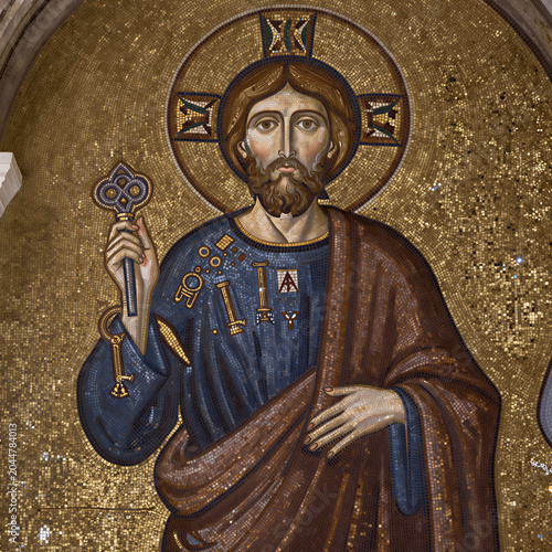 Saint Peter Holding Keys to the Kingdom of Heaven in a Byzantine Mosaic Style Made of Small Colorful Tiles