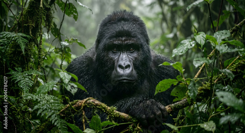 Foto Portrait of a majestic mountain gorilla in the dense, misty rainforest of rwanda