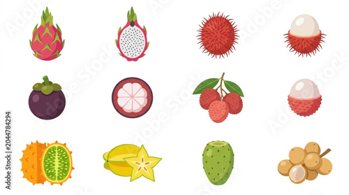Foto Collection of Exotic Tropical Fruits Isolated on White Background
