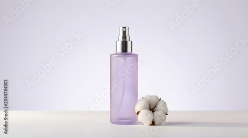 Minimalist skincare bottle with cotton pads on clean white surface in soft natural light