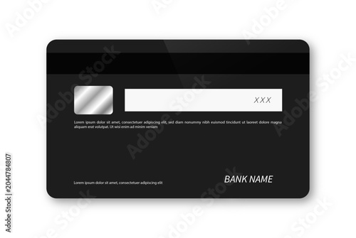 Obraz na plátně Black credit card with white and silver details on a plain white background with