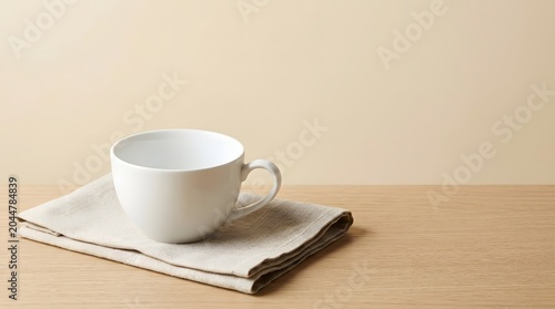 Empty white coffee cup on wooden coaster in minimalist home setting with soft natural light