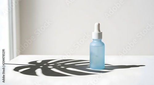Blue bottle casting shadow on white windowsill in natural daylight minimalism