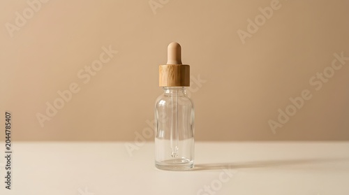 Minimalist essential oil bottle on neutral surface with soft natural light and warm background
