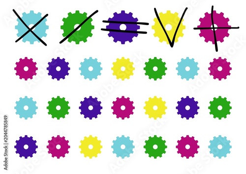 Colorful gears counting worksheet for kids. Educational preschool math game with colored cogs, crosses, and check marks. Fun vector activity page for children learning.