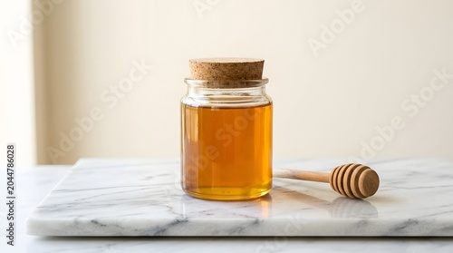 Fresh golden honey in glass jar with wooden dipper on white marble surface natural sunlight