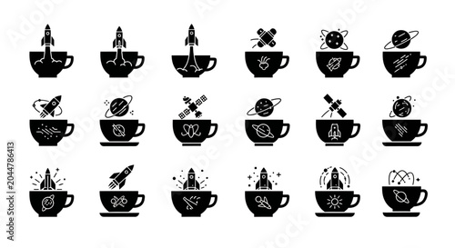 Space exploration icons in coffee cups featuring rockets planets and satellites for science and technology