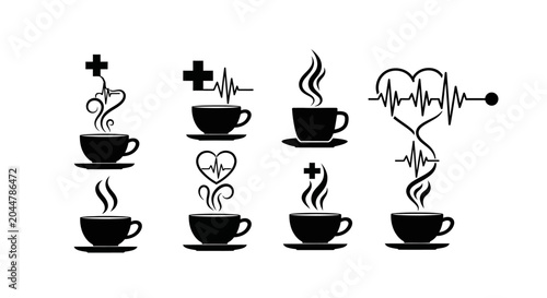 Medical coffee cup heart rate pulse icon set. Healthcare hospital cafe concept logo collection. Wellness beverage medicine design. Healthy life mug vector.