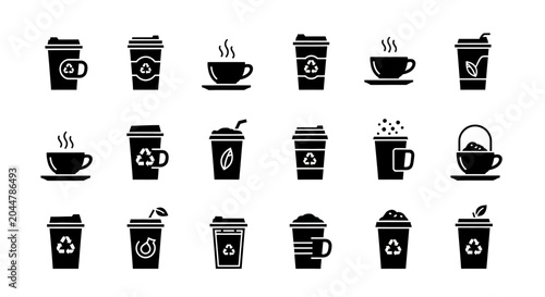 Set of coffee cup icons with recycle symbols and eco friendly tea leaf designs for sustainable beverage packaging and disposable takeaway drink container art