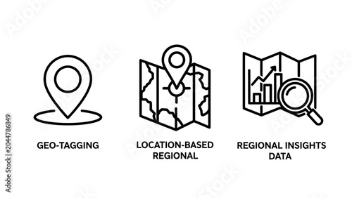 Geotagging location and regional data analysis map icons with location geotagging regional insights analytics tracking business navigation position analysis statistics technology strategy