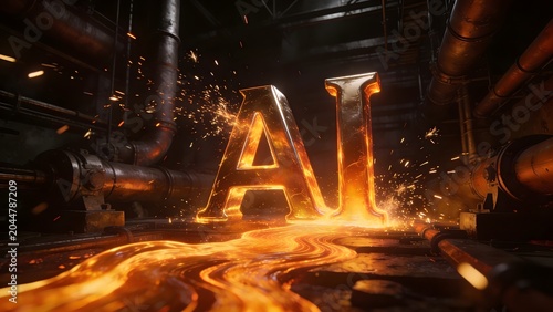 Glowing metallic AI letters forged from molten lava with sparks flying inside an industrial pipe factory. Conceptual illustration of artificial intelligence development, heavy industry, and tech