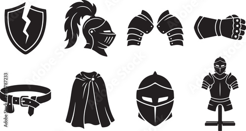 Konstfotografi Medieval knight armor icons, black and white, 8 elements, vector graphics