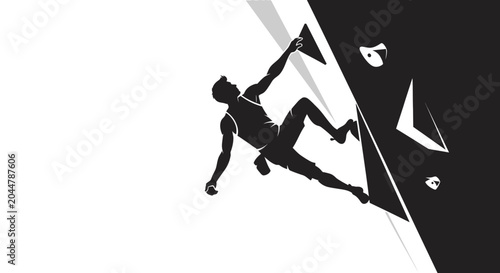 Silhouette of an athletic rock climber scaling an indoor climbing wall.