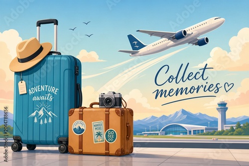 Luggage and camera ready for travel at airport terminal