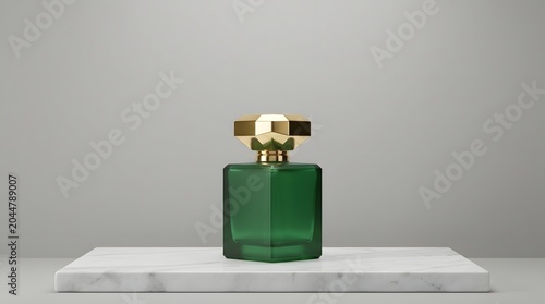 Elegant green glass perfume bottle with golden cap on white marble surface minimalist luxury still life