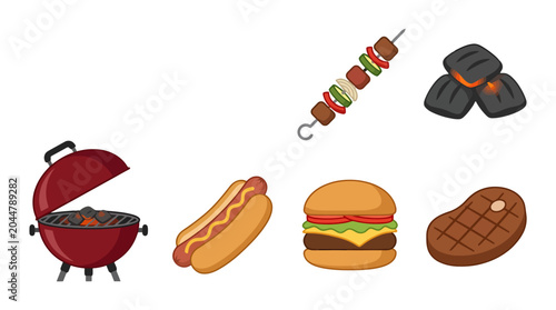 Set of Various Grilled Food Items and BBQ Equipment.