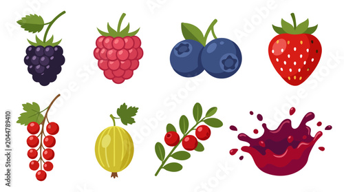 Collection of colorful cartoon berry illustrations and fruit juice splash.