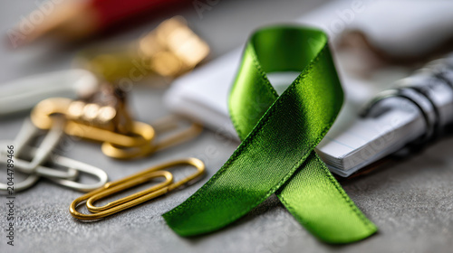 Bright green mental health awareness ribbon on white background for support and advocacy