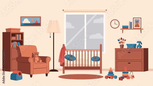Beautiful and cozy nursery room interior design with a crib, soft toys, and comfortable wooden furniture for babies.