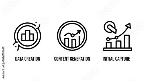 Data creation and content generation line icons with creation generation business analytics productivity management development planning strategy technology performance corporate analysis