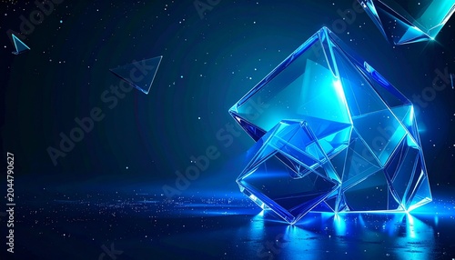 Complex abstract transparent glass crystal shapes floating in dark blue space