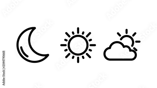 Set of three linear weather icons representing moon sun and cloudy day with meteorology forecast atmosphere temperature meteorological weathercast environment crescent astronomy interface