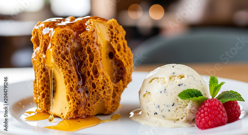 Gourmet golden honeycomb toffee brittle pieces, sweet sugary caramel dessert confection with crispy texture and syrupy amber glaze, delicious candy snack macro photography.