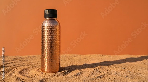 Golden metallic bottle standing on sandy beach at sunset with warm glow