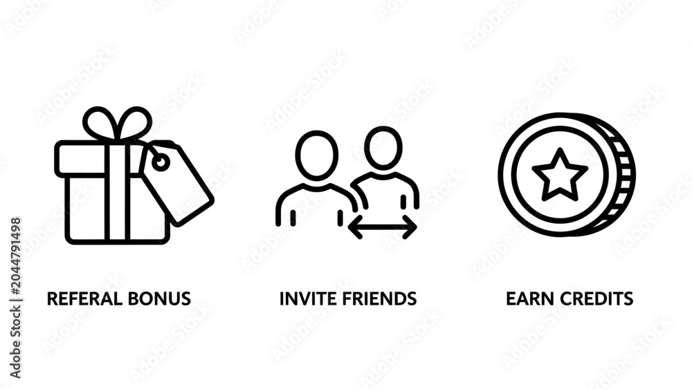 Fototapeta premium Referral bonus invite friends and earn credits marketing icons with referral marketing promotion networking earnings incentive business customer acquisition strategy campaign community