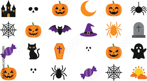 Obraz na płótnie Halloween Icon Set with Pumpkin, Ghost, Witch Hat, and Spooky Elements for Festi