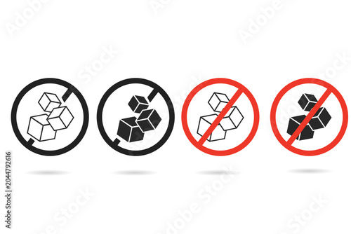 Modern no sugar icon collection with prohibition symbols in clean flat style. Suitable for healthy lifestyle, diabetic awareness, nutrition labels, food packaging, and wellness campaigns.