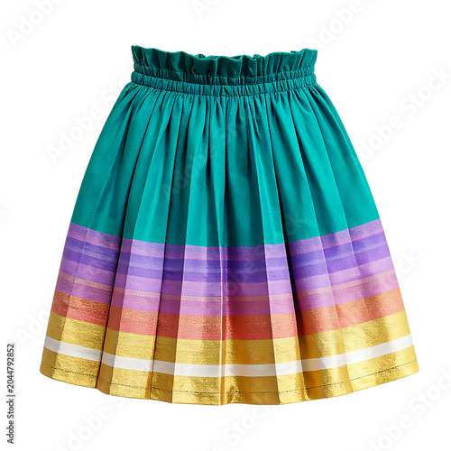Multicolored Striped ALine Pleated Mini Skirt in Teal Purple Pink and Gold isolated on transparent background