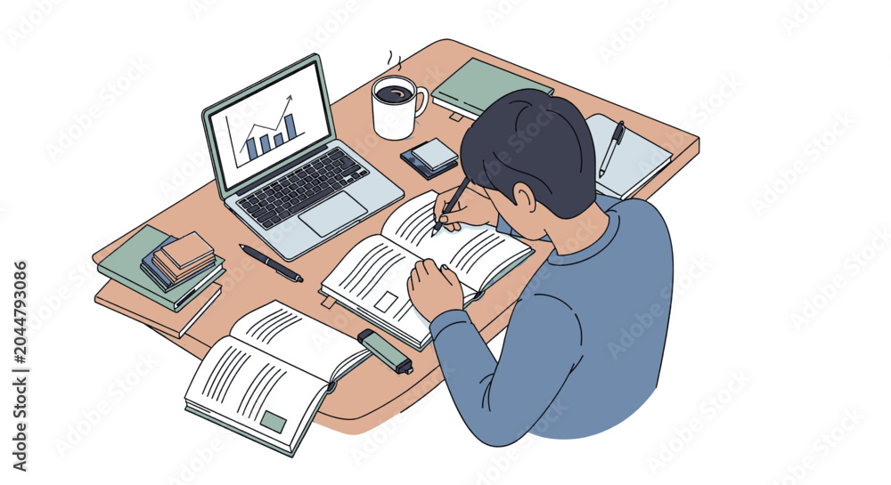 Fototapeta premium Student studying at desk with laptop and books, focused on learning.