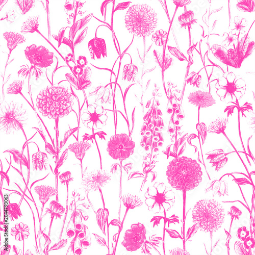 Bild auf Leinwand Hand drawn garden flowers seamless pattern in pink red color