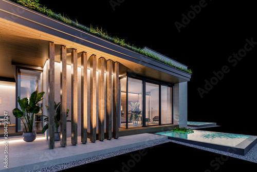 3d rendering of two-story house with parking and pool for sale or rent with concrete facade and beautiful landscaping on background. Clear night isolated on black