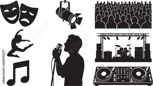 Fényképezés Music, entertainment icons, stage performance symbols, black vector set