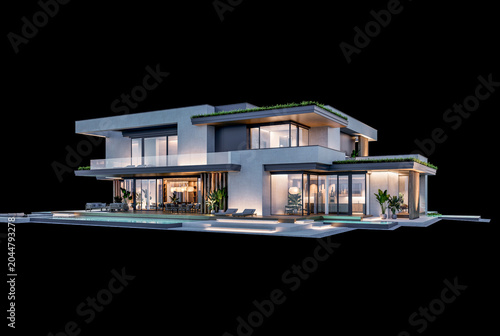 3d rendering of two-story house with parking and pool for sale or rent with concrete facade and beautiful landscaping on background. Clear night isolated on black