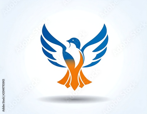 Stylized Blue and Orange Bird Emblem with Spread Wings on White Background