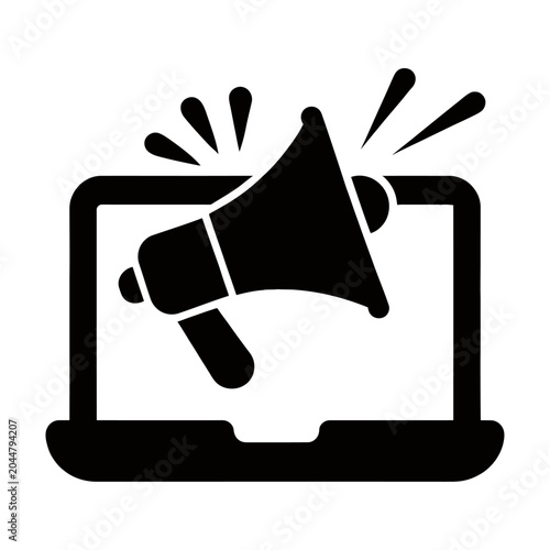Sleek vector of megaphone bursting out of a laptop screen symbolizing digital communication and amplification