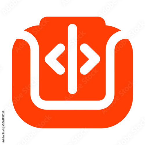 Vibrant vector graphic featuring a stylized code bracket symbol inside an open book design representing programming and development.