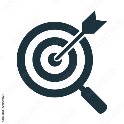 Sleek vector of magnifying glass focusing on a bullseye target with an arrow hitting the center perfectly.