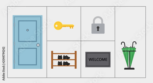 Home entryway essentials including a door, key, padlock, shoe rack, doormat, and umbrella stand