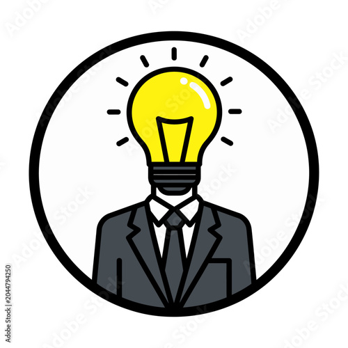 Creative vector of person in a suit with a glowing lightbulb head symbolizing innovation and ideas