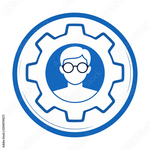 Stylish vector of person wearing glasses integrated inside a gear symbol representing technology and human connection