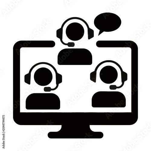 Vector of four customer service representatives wearing headsets in a virtual meeting on a computer screen