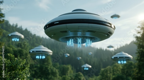 Futuristic flying saucers with blue lights hover above a dense forest under a cloudy sky, suggesting an alien or sci-fi theme.