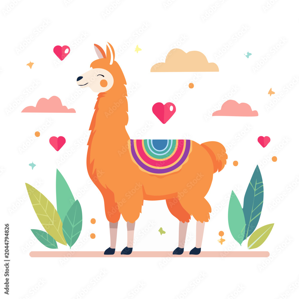 Fototapeta premium Cute orange llama with colorful blanket and hearts