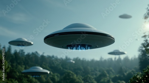 A group of futuristic flying saucers hover over a forest, emitting blue light beams beneath their sleek, metallic surfaces.